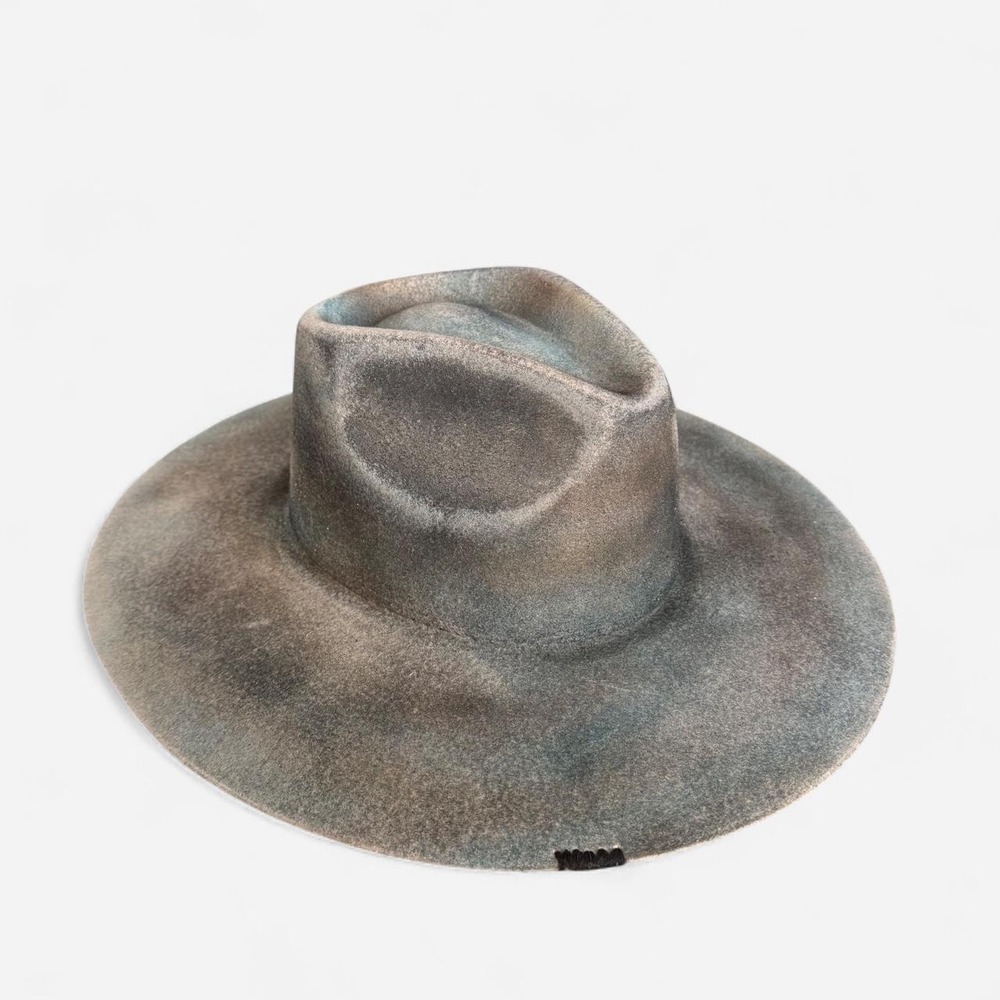 Distressed burnt look gray, brown, black & blue felt wide cowboy flat brim hat